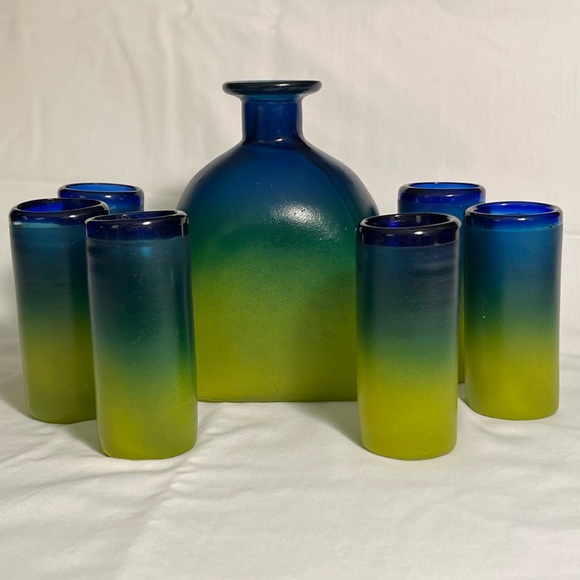 Handblown Mexican Decanter & Shot Glass Set-Painted Ombre Blue/Green/Yellow - Picture 1 of 16